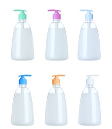 Set with bottles of liquid soap on white background