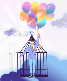 Beautiful illustration demonstrating sense of freedom. Man with bunch of balloons leaving cage