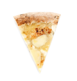 Slice of tasty cheese pizza isolated on white, top view