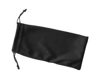 Photo of Black cloth sunglasses bag isolated on white, top view