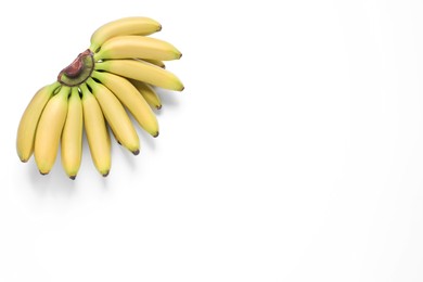 Bunch of ripe baby bananas on white background, top view