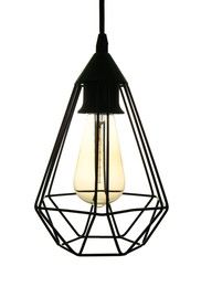 Photo of Stylish modern lamp hanging on white background