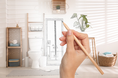 Image of Woman drawing bathroom interior design. Combination of photo and sketch