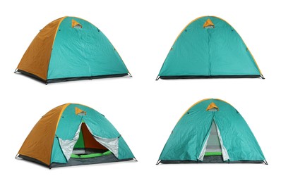 Colorful camping tents on white background, collage 