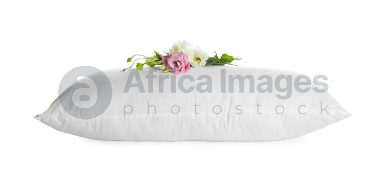 Soft pillow with beautiful flowers on white background