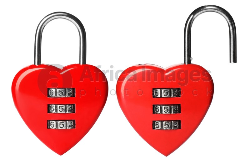 Locked and open heart shaped padlocks on white background, collage