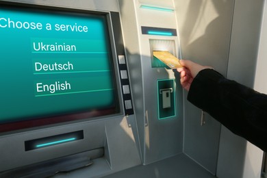 Image of Woman using cash machine for money withdrawal outdoors, closeup