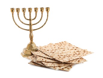 Passover matzos and Menorah isolated on white. Pesach celebration