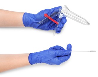 Doctor holding disposable vaginal speculum and cervical brush on white background, top view. Gynecological care