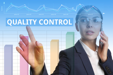 Image of Quality control service. Businesswoman using virtual screen