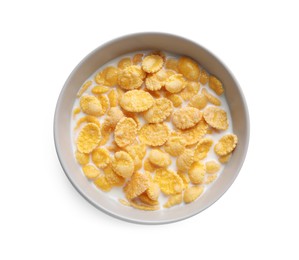 Tasty corn flakes with milk in bowl isolated on white, top view