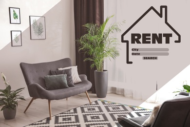 Property search agency site. Word Rent with data and beautiful living room on background