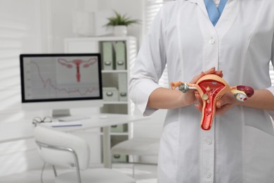 Gynecologist demonstrating model of female reproductive system in clinic, closeup