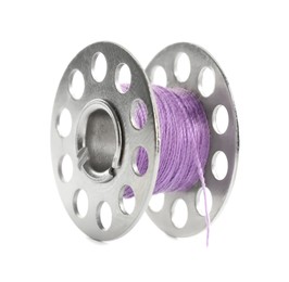 Metal spool of violet sewing thread isolated on white