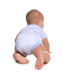 Photo of Cute little baby boy crawling on white background, back view