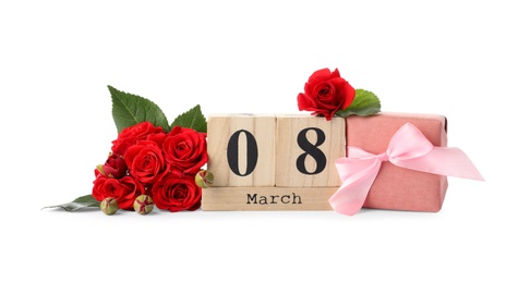 Wooden block calendar with date 8th of March, roses and gift box on white background. International Women's Day