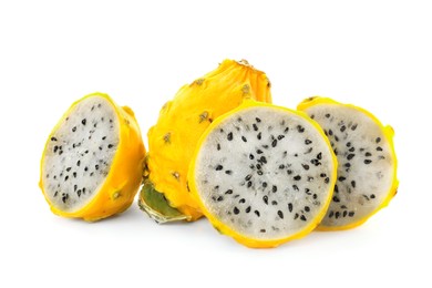 Delicious cut and whole yellow pitahaya fruits on white background