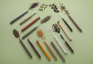 Test tubes with various spices on pale green background, flat lay