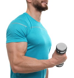 Photo of Man with dumbbell exercising on white background, closeup