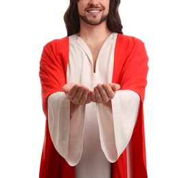 Jesus Christ reaching out his hands on white background, closeup
