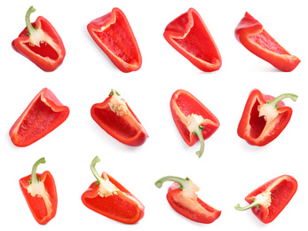 Image of Set of cut ripe red bell peppers on white background