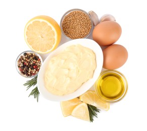 Delicious homemade mayonnaise, spices and ingredients on white background, top view