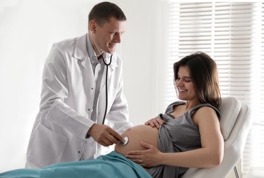 Doctor examining woman before giving child birth in maternity hospital