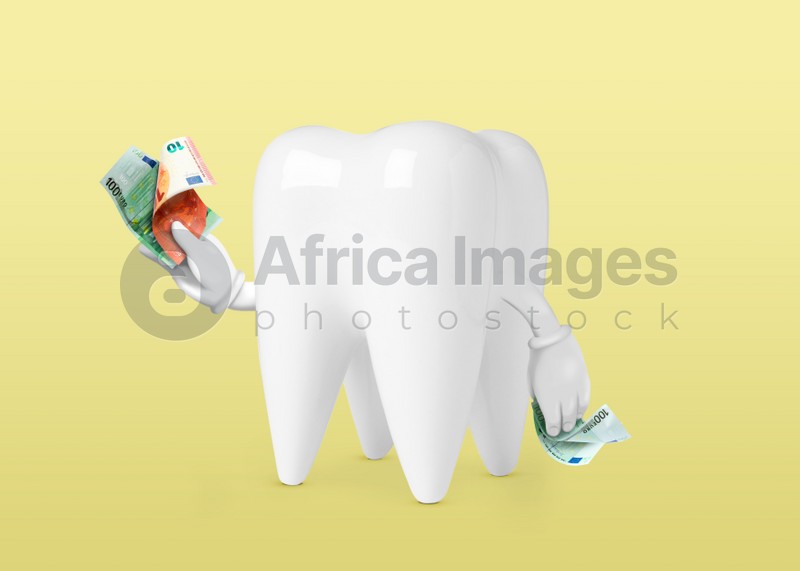Funny model of tooth with euro banknotes on yellow background. Concept of expensive dental procedures