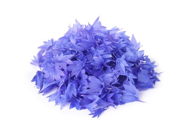Heap of beautiful cornflower petals isolated on white