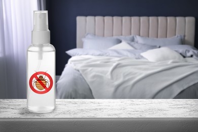 Anti bed bug spray on stone table in bedroom. Space for text
