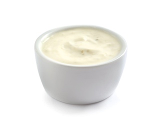 Delicious sauce in bowl on white background