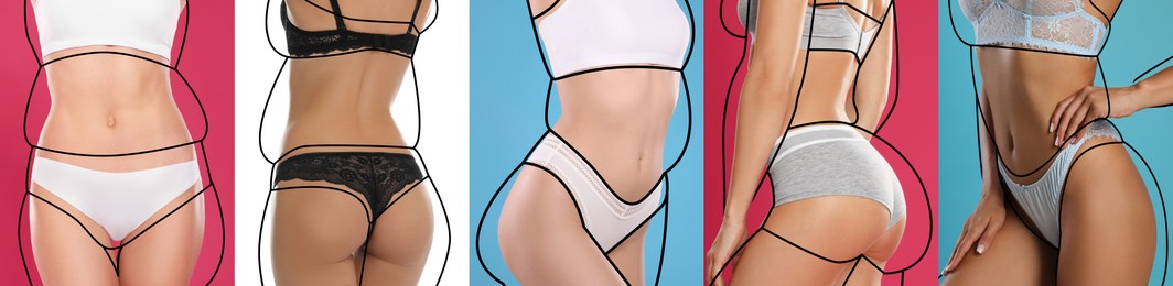 Collage with photos of slim young women wearing beautiful underwear on different color backgrounds, banner design. Illustrations of lines around ladies before weight loss