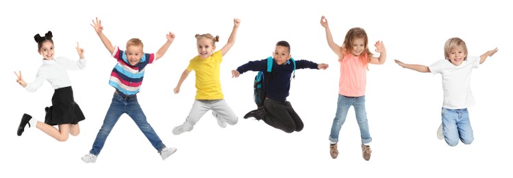 Cute little children jumping on white background, collage. Banner design