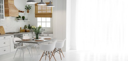 Beautiful kitchen interior with new stylish furniture, space for text. Banner design