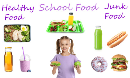 School food, healthy or junk. Girl and different products as variants for lunch