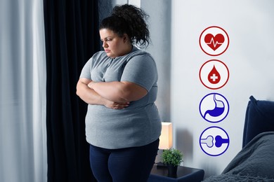 Virtual icons demonstrating different health problems and overweight woman at home