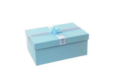 Light blue gift box with bow isolated on white