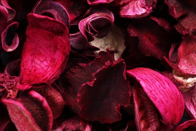 Photo of Scented potpourri of dried flowers as background, closeup