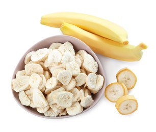 Sweet sublimated and fresh bananas on white background, top view