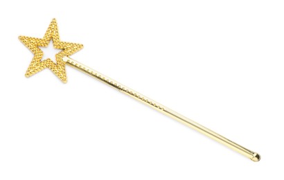 Beautiful golden magic wand isolated on white, top view
