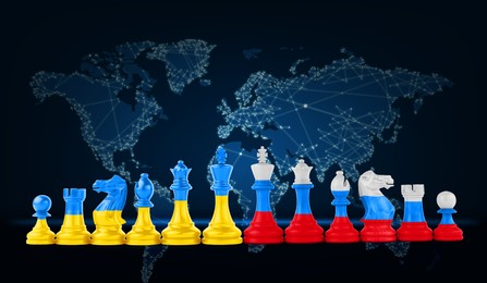 Concept of war between Ukraine and Russia. Chess pieces in color of national flags against world map