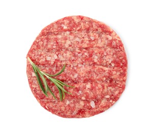 Raw hamburger patty with rosemary and salt isolated on white, top view