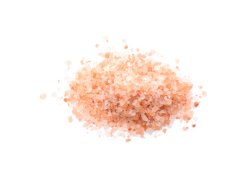 Pile of pink himalayan salt isolated on white, top view