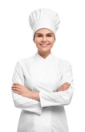 Photo of Happy female chef wearing uniform and cap on white background