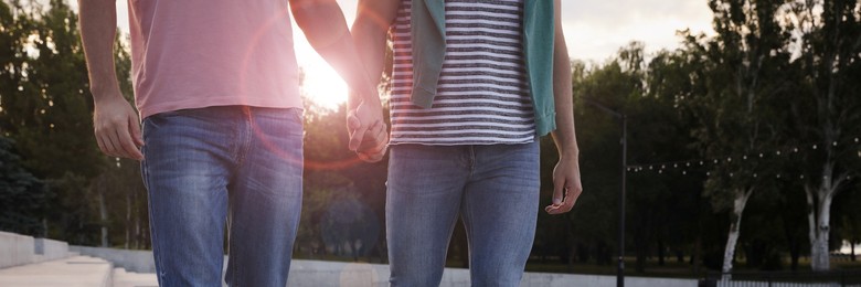 Image of Gay couple walking outdoors on sunny day, closeup. Banner design