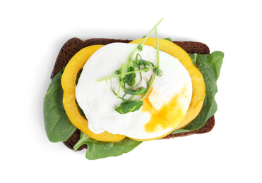 Delicious poached egg sandwich isolated on white, top view