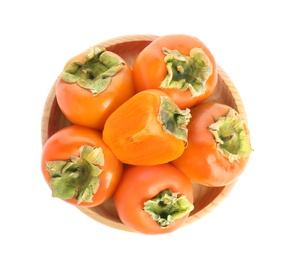 Bowl with delicious fresh persimmons isolated on white, top view