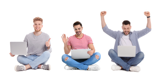 Image of Collage of young men with laptops on white background. Banner design 