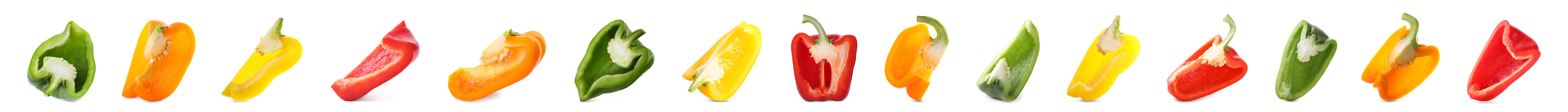 Set of different cut bell peppers on white background. Banner design 