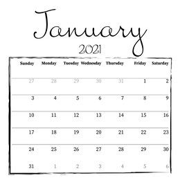 Illustration of 2021 January calendar design on white background